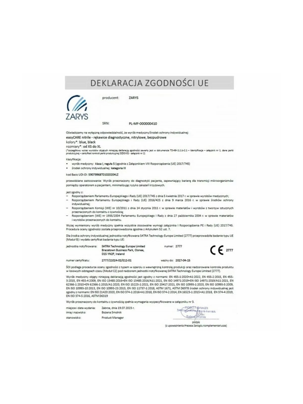 Rękawice Nitrylowe Bezpudrowe easyCARE ZARYS M (100 szt.)
